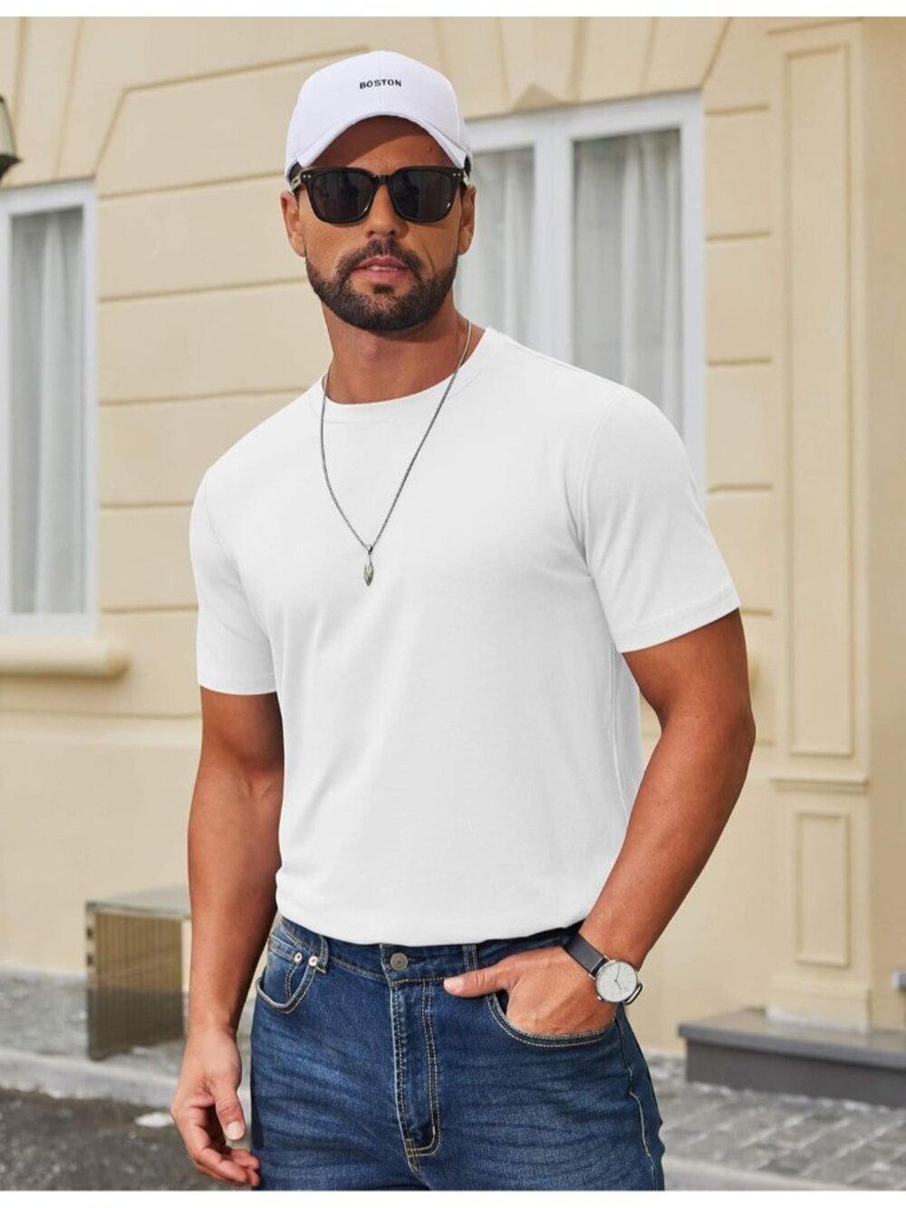 Men's White T-Shirt Short Sleeve Cotton Blend Crew Neck Casual Summer Basic Tee - Picture 4 of 6